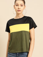 Women Olive Green & Yellow Colour blocked Round Neck T-shirt
