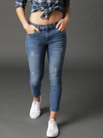 Women Blue Skinny Fit Mid-Rise Low Distress Stretchable Crop Jeans