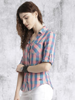 Women Peach & Purple Slim Fit Checked Casual Shirt
