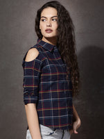 Women Navy Blue Checked Casual Shirt