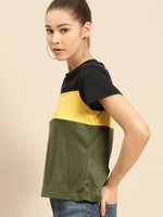 Women Olive Green & Yellow Colour blocked Round Neck T-shirt