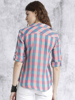 Women Peach & Purple Slim Fit Checked Casual Shirt