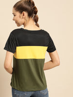 Women Olive Green & Yellow Colour blocked Round Neck T-shirt