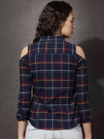 Women Navy Blue Checked Casual Shirt
