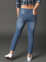 Women Blue Skinny Fit Mid-Rise Low Distress Stretchable Crop Jeans