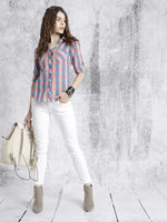 Women Peach & Purple Slim Fit Checked Casual Shirt