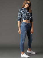 Women Blue Skinny Fit Mid-Rise Low Distress Stretchable Crop Jeans
