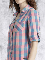 Women Peach & Purple Slim Fit Checked Casual Shirt